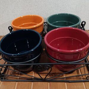 4 Set Clay Soup Chilli Bowls Multi Color Serving Rack Condiment Snack Tray Metal